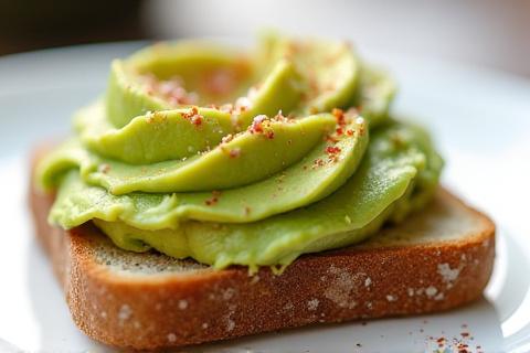 Slice of whole-wheat toast topped with mashed avocado and a sprinkle of red pepper flakes.