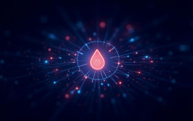 Abstract depiction of AI technology interacting with medical data and a stylized depiction of a blood drop or glucose monitor.