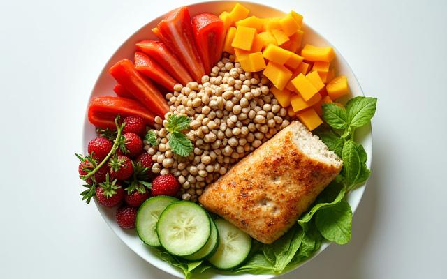 A colorful plate of healthy food, debunking common diabetic diet myths.