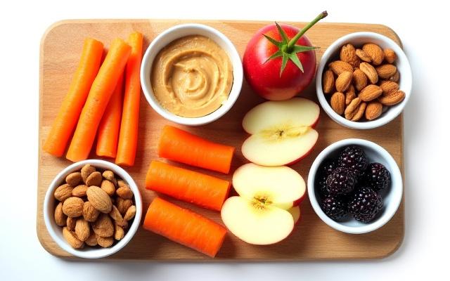 A variety of healthy, fresh diabetic-friendly snacks arranged appealingly on a wooden board.