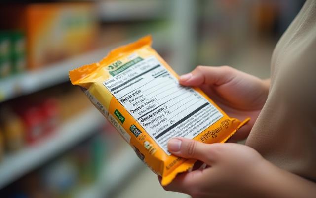 A person carefully examining a nutrition label on a food package, emphasizing informed choices.