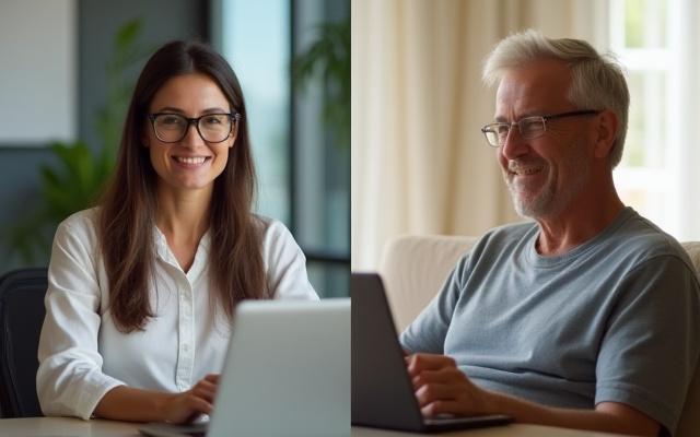 A virtual consultation setup with a person interacting with a dietitian on a screen, representing virtual care.