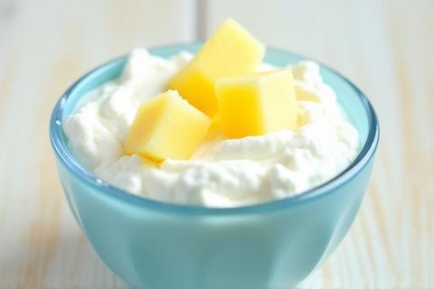 Small bowl of cottage cheese with diced pineapple on top.