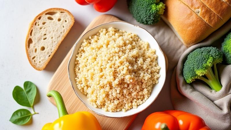 Variety of complex carbohydrate foods like quinoa, brown rice, whole-grain bread, and vegetables.