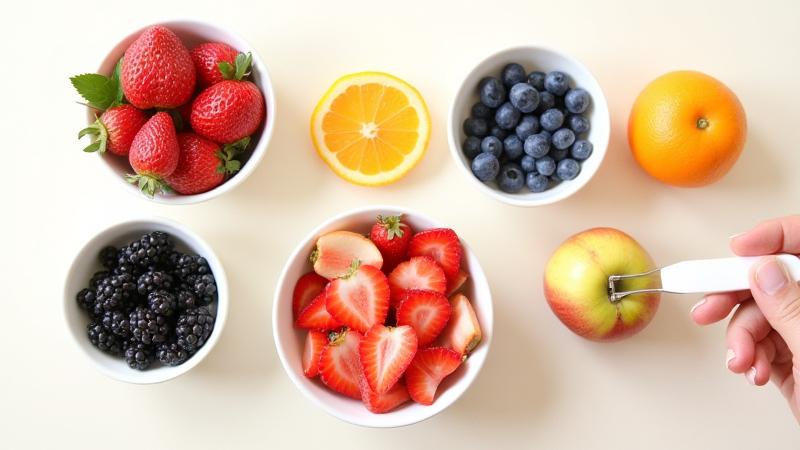 Variety of low-glycemic fruits like berries, apples, and oranges, with a focus on portion control.