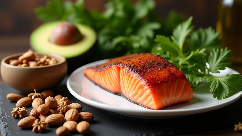 Foods rich in healthy fats like avocados, nuts, olive oil, and fatty fish.