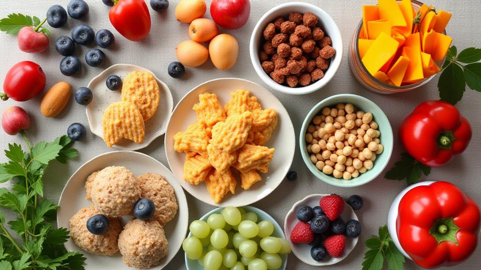 Assortment of healthy diabetic snacks spread out on a wooden table.