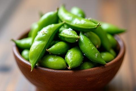 Steamed edamame pods in a ceramic bowl.