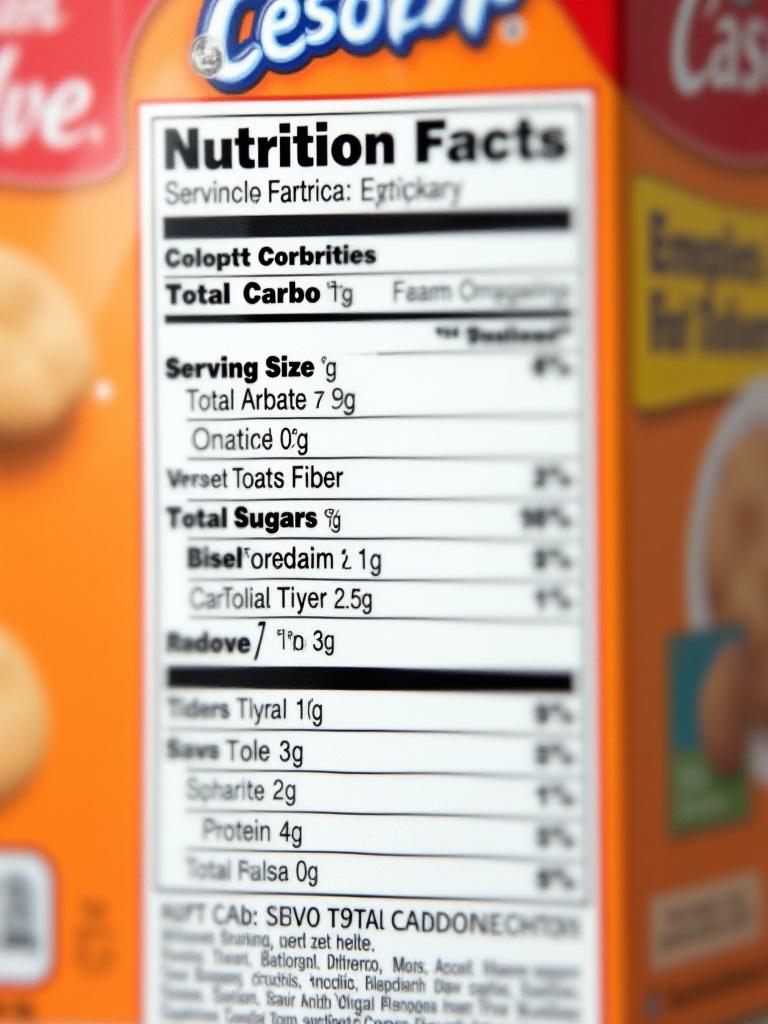 Full image of a nutrition facts label with key sections like serving size, total carbohydrates, and protein circled