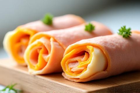 Thin slices of turkey breast rolled up with a piece of cheese inside.