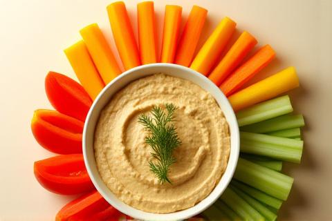 Colorful vegetable sticks (carrots, cucumber, bell peppers) with a side of hummus.